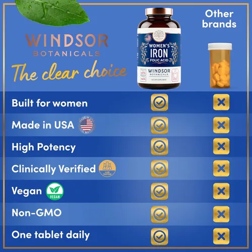 Miniatura 7 de Suplemento de hierro para mujeres con ácido fólico, suministro de píldoras de hierro para mujeres de Windsor Botanicals, anemia, período, apoyo al