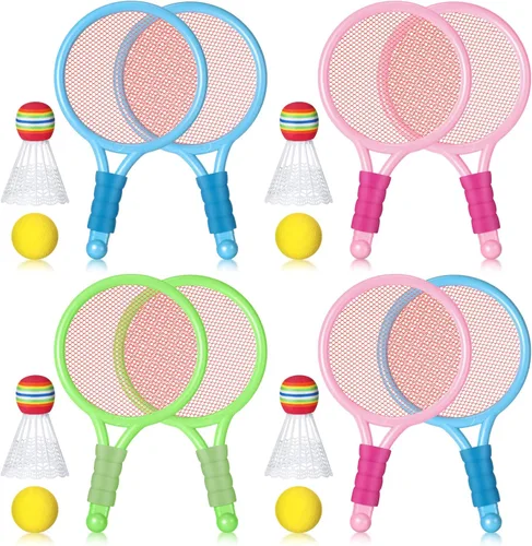 Wettarn 8 raquetas de tenis de plástico para niños, con 4 pelotas de tenis y 4 volantes, juego de raquetas de playa en 3 colores para niños, regalos