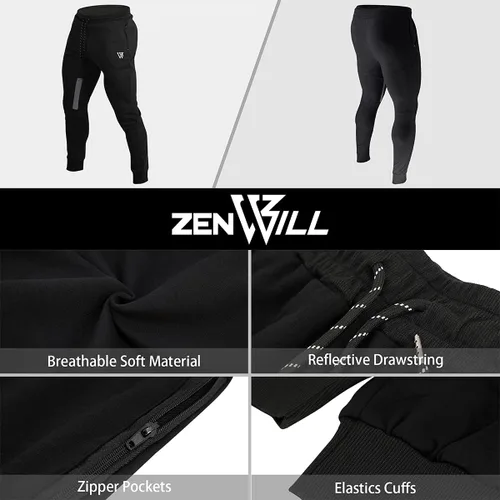 Miniatura 6 de ZENWILL Pantalones de entrenamiento cónicos para hombre, pantalones deportivos de entrenamiento ajustados con bolsillos con cremallera