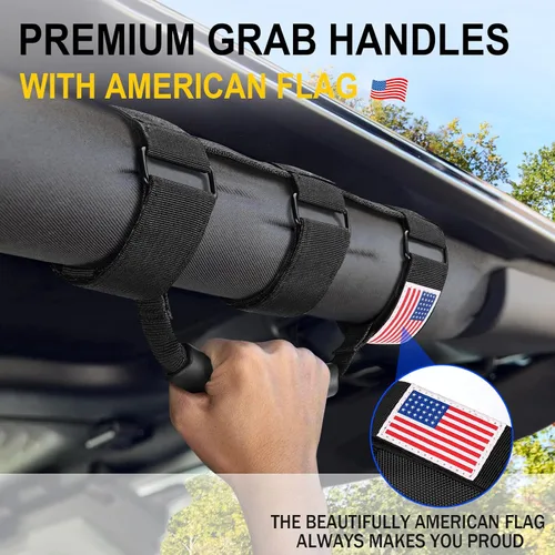Miniatura 3 de moveland Asas de agarre de barra enrollable con bandera de Estados Unidos, 2 asas de agarre para accesorios Jeep Wrangler JL, JK, TJ, YJ y Jeep Negro