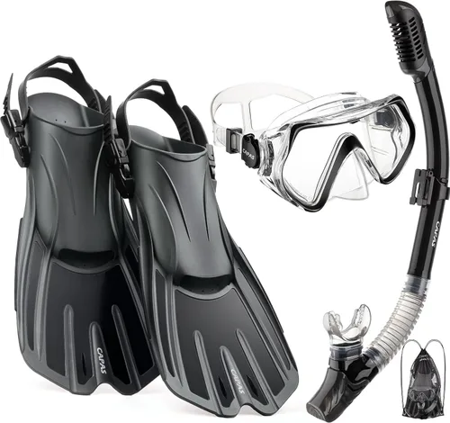 CAPAS Snorkel Mask Fins Set, Travel Size Snorkeling Gear for Adults with Adjustable Fins, Diving Mask and Dry Top Snorkel, Come with a Carrying Bag