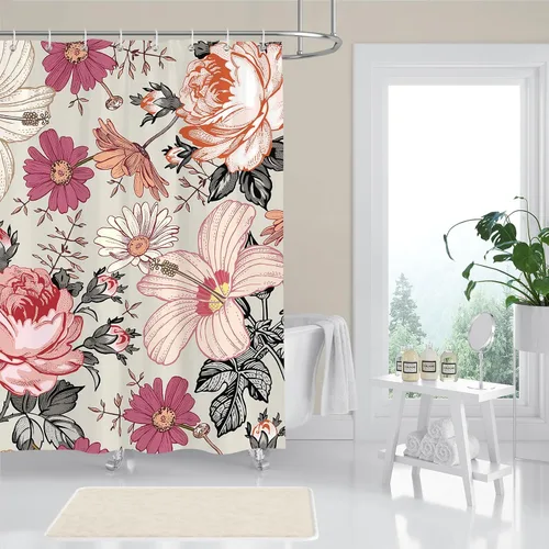 Miniatura 6 de Cortina de ducha floral rosa de 72 x 72 pulgadas, cortina de ducha retro de estilo rústico de mediados de siglo, para decoración de baño, tela