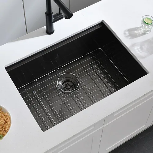 Miniatura 9 de Fregadero de cocina de montaje inferior negro 27 x 19 x 10 pulgadas, fregadero de acero inoxidable negro calibre 16, estación de trabajo debajo