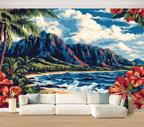 Miniatura 9 de Hawaii - Mural de pared retro exótico exótico tropical con olas de playa, paisaje, vintage, despegar y pegar, autoadhesivo, extraíble, adhesivo