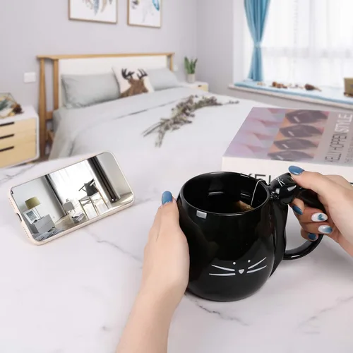 Miniatura 9 de Koolkatkoo Taza de café con diseño de gato, regalo para amantes de los gatos, tazas de té de cerámica, color negro, 16 onzas Gato plano negro