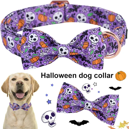 Miniatura 2 de ARING PET Collar de Halloween para Perro con Pajarita de Calabaza Linda, Collares de Perro de Algodón Morado con Calavera y Murciélago, Collares A
