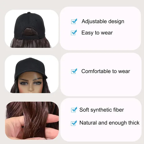 Miniatura 4 de Gorra de béisbol con peluca y extensiones de cabello, con piezas de cabello sintético marrón resistente al calor unidas, para mujeres y niñas