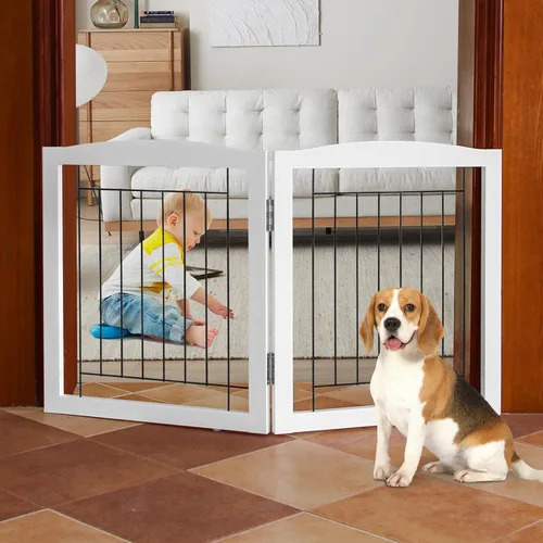 Miniatura 39 de ZJSF Puerta plegable independiente para perros, puerta de madera extra ancha blanca para cachorros, 6 paneles, puertas altas para mascotas