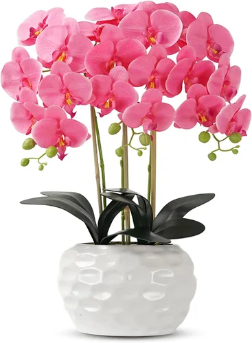 Miniatura 8 de Flores artificiales de orquídea con jarrón plateado, flores de falaenopsis de seda sintética grande para mesa de comedor, centros de mesa florales
