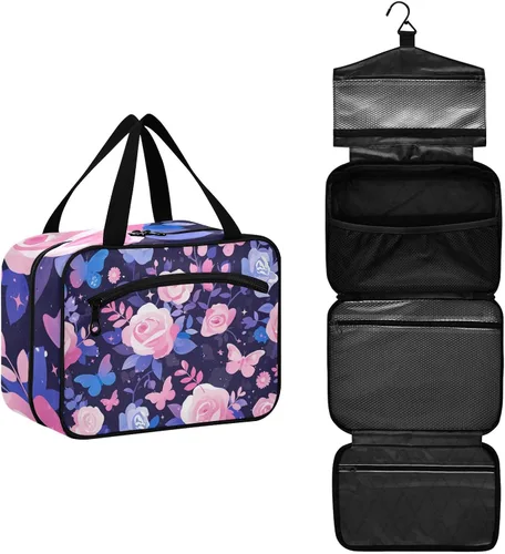Miniatura 2 de Purple Peach Elegant Blooms bolsas de aseo de viaje colgantes para mujeres con gancho, bolso esencial de diseñador para el cuidado de la piel