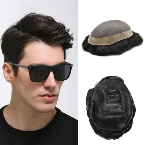 Miniatura 11 de LYRICAL HAIR Toupee para hombres de aspecto natural de cabello humano fino mono encaje hombres reemplazo sistema de pelo PU polipiel alrededor