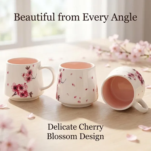 Miniatura 7 de DUSVALLY Taza de café floral de cerezo de 12 onzas, taza de cerámica con asa, apta para microondas y lavavajillas, taza de regalo rosa para mujer