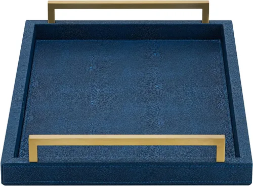Miniatura 12 de XIGEXIGE Bandeja de servicio de piel sintética negra, 17 x 12 pulgadas, asas doradas cepilladas, bandeja decorativa para mesa de café otomana, sala