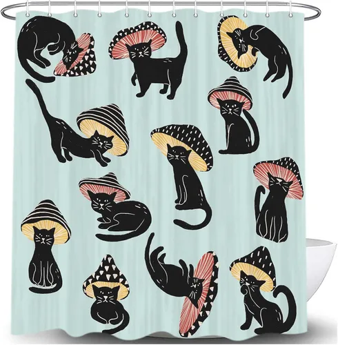 Miniatura 12 de MERCHR Cortina de Ducha de Gato Lindo Campista para Baño de Remolque de Viaje, Divertido Juego de Cortinas de Ducha de Tela Negra con Gato