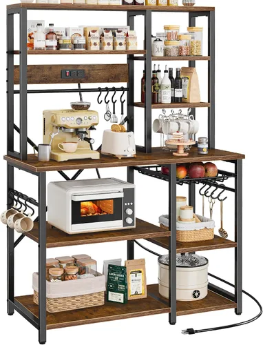 Miniatura 10 de SUPERJARE Estante grande de panadería con tomas de corriente, soporte para microondas de 6 niveles, barra de café con 12 ganchos en forma de S