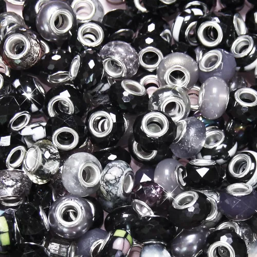 ZYEHXED 60 Piezas Cuentas Negras de Agujero Grande, Cuentas Grandes de Artesanía Europea, Cuenta de Lampwork Murano de Agujero Grande, Cuenta de
