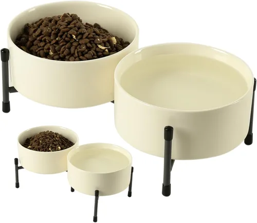 Tazón de cerámica de 32 onzas para perros y gatos con soporte de metal elevado, plato de cerámica para mascotas de 6 pulgadas para alimentos y agua,