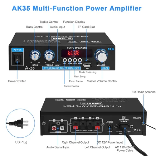 Miniatura 6 de Amplificador de audio para el hogar AK-35 HiFi Bluetooth 5.0 Mini amplificador de potencia estéreo Receptores 2.0 canales RMS 30W x 2 Máx. 200W