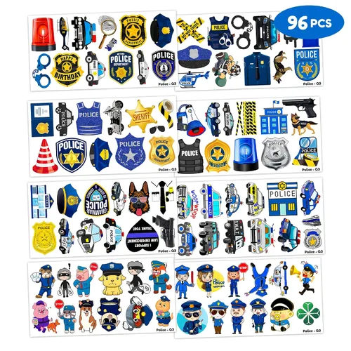 Miniatura 4 de 96 tatuajes temporales de oficial de policía para niños, 8 hojas de calcomanías lindas con temática de policía, recuerdos de fiesta de cumpleaños