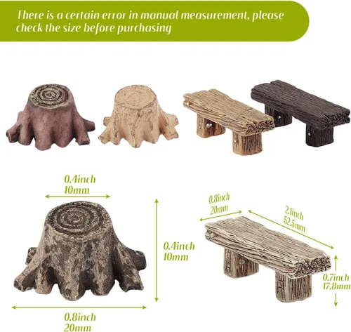 Miniatura 3 de Skylety - 12 piezas de accesorios de jardín de hadas en miniatura, incluye 6 bancos de estilo retro de madera, 6 tocones de raíz artificiales