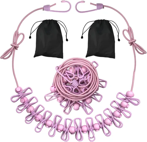 Miniatura 12 de Paquete de 2 tendederos portátiles para acampar, 12 pinzas para la ropa, accesorios de camping, tendedero de viaje para interiores y exteriores