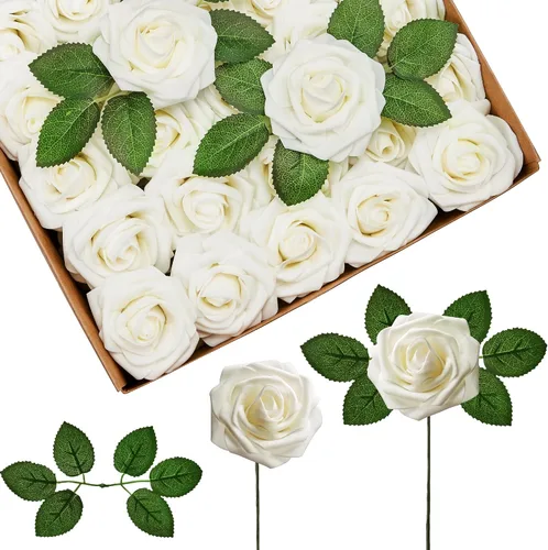 Miniatura 24 de InnoGear Flores artificiales, 100 rosas falsas de espuma blanca a granel con tallos para decoración, ramos de boda, centros de mesa, despedida