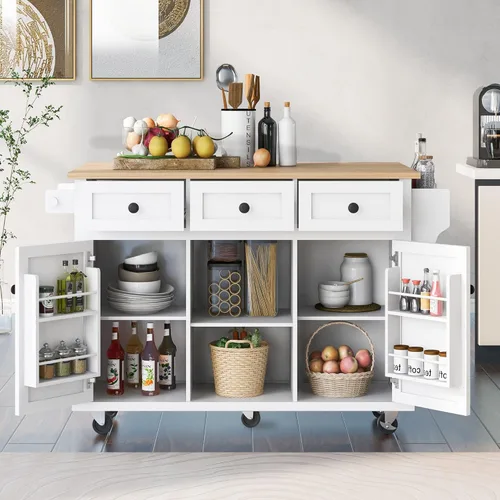 Miniatura 8 de Isla de cocina con encimera de hojas caídas, estantes de almacenamiento interno, carrito de cocina rodante con 5 ruedas con estantes abiertos y 3