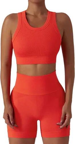 Miniatura 7 de Conjuntos de entrenamiento para mujer, 2 piezas, sin costuras, acanalada, sin mangas, brasier deportivo, cintura alta, pantalones cortos