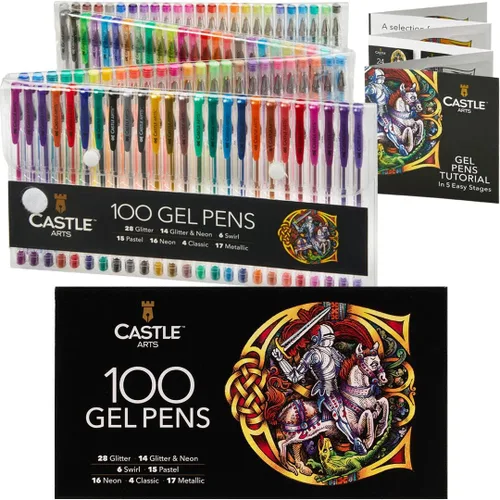 Castle Art Supplies Juego de 100 bolígrafos de gel para colorear para adultos, dibujos, álbumes de recortes, diarios, colores increíbles, efectos,