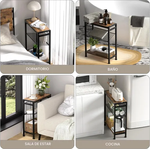 Miniatura 5 de Mesa auxiliar pequeña para espacios pequeños, mesa auxiliar estrecha de 3 niveles con soporte para revistas, mesita de noche delgada, mesa de Marrón