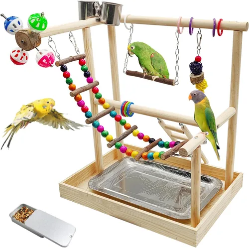 Miniatura 9 de PINVNBY Parque infantil para pájaros, soporte de madera para ejercicio, perca, gimnasio, escalera, con comedero, columpio, juguetes para periquitos