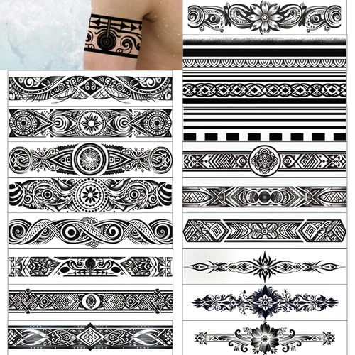 Miniatura 9 de GLARYYEARS Tatuaje temporal de alambre de púas – Paquete de 18 tatuajes polinesios falsos de tamaño súper largo, realistas y bohemios, brazalete