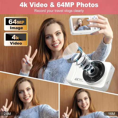 Miniatura 2 de Cámara digital, 4K 64MP, zoom 18X, cámara digital de apuntar y disparar con tarjeta TF de 64 GB y 2 baterías, cámara pequeña recargable portátil