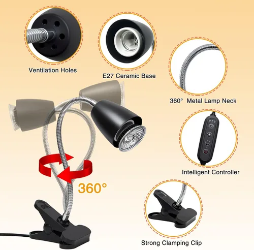 Miniatura 4 de Lámpara de calor para reptiles con 2 bombillas UVA UVB de 50 W, luz de calentador de tortuga con luz giratoria de 360 grados con abrazadera