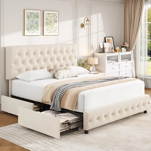 Miniatura 6 de Keyluv - Marco de cama tapizado moderno con 4 cajones de almacenamiento, diseño de cabecera con botones, soporte de listones de madera maciza, fácil