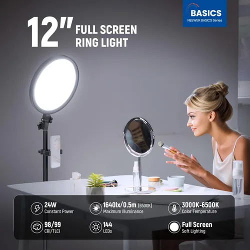 Miniatura 4 de NEEWER Basics Anillo de luz circular grande de 12 pulgadas y 24W con soporte de 68 pulgadas/soporte para teléfono/control remoto para grabación