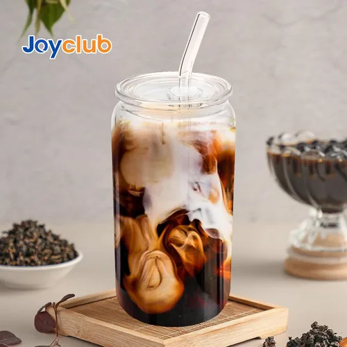 Miniatura 7 de Joyclub 4 vasos de vidrio con tapas y pajitas acrílicas, tazas de café helado de vidrio de 16 onzas con tapas y pajitas, lindos vasos para beber