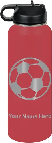 Miniatura 12 de LaserGram Botella de agua personalizada, pelota de fútbol, acero inoxidable de doble pared aislada al vacío con popote superior, regalo grabado