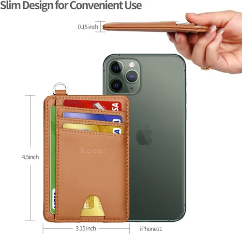 Miniatura 7 de EcoVision Cartera delgada minimalista con bolsillo frontal, bloqueo RFID, tarjetero con grillete en D desmontable para hombres y mujeres, Piel