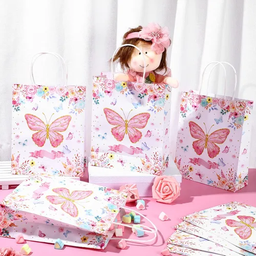 Miniatura 4 de Nezyo 24 bolsas de regalo de mariposa para fiesta, 8 x 10 pulgadas, bolsas de dulces con texto en inglés "Thank You for Fluttering", bolsa de papel