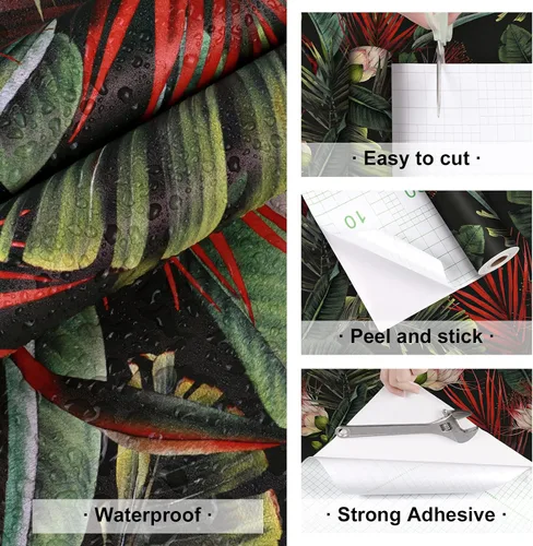 Miniatura 8 de Papel tapiz tropical oscuro para despegar y pegar, papel de contacto vintage de hoja de plátano, papel tapiz de selva mojado, papel tapiz de hojas