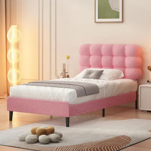 Miniatura 19 de Base de cama individual BarnFurin, cama plataforma con cabecero tapizado, base de cama de tela de bouclé suave con soporte de listones de madera
