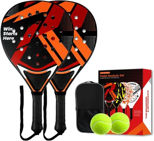 Padel Racket Set of 2 - ABS Surface & EVA Foam Core, Beach Paddle Tennis Racquets for Adults, Including 2 Balls & Carry Bag - Outdoor, Sand, Rojo