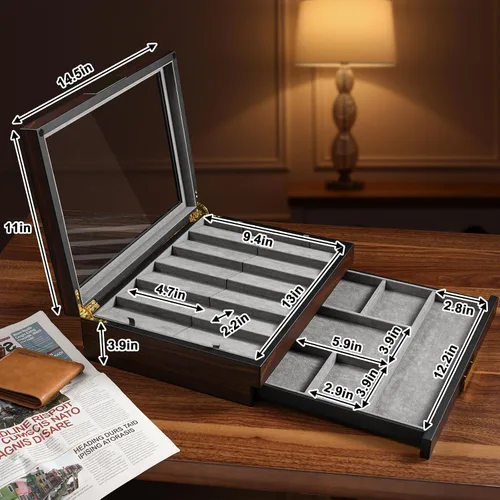 Miniatura 6 de Ikkle Vitrina de cuchillos de dos niveles de nogal con cajón y ventana de cristal real para almacenamiento y colecciones de cuchillos