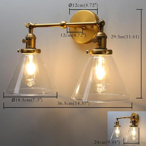 Miniatura 4 de PERMO Apliques de pared dobles vintage industriales dorados de 2 luces con sombra de vidrio transparente acampanado estilo embudo, apliques de pared