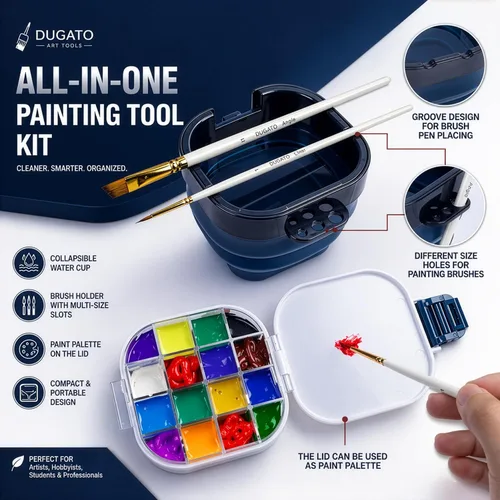 Miniatura 2 de DUGATO Caja de paleta hermética de acuarela (16 pozos) con tapa y lavabo plegable para pinceles, ahorrador de pintura portátil para acrílico, Azul