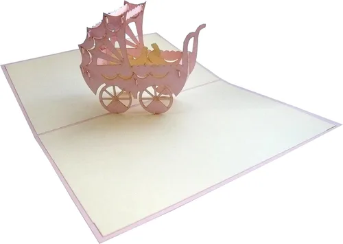 LIN 17611, LIN Pop Up - Tarjeta de felicitación 3D, felicitaciones, celebración, recién nacido, nacimiento, niña, vale, tarjeta de regalo, cochecito