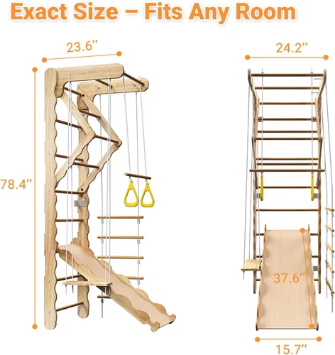 Miniatura 5 de Gimnasio de la selva de madera 5 en 1 para interiores para niños, escalera sueca montada en la pared con barra de agarre, anillos, columpio
