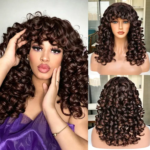 Miniatura 11 de Pelucas afro rizadas para mujeres negras, peluca larga y rizada con flequillo, fibra sintética esponjosa, sin pegamento, para cosplay y uso diario