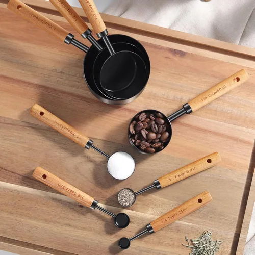 Miniatura 6 de GuDoQi Juego de 8 tazas y cucharas medidoras con mango de madera, tazas y cucharas medidoras de acero inoxidable dorado, medidas, medidas Negro